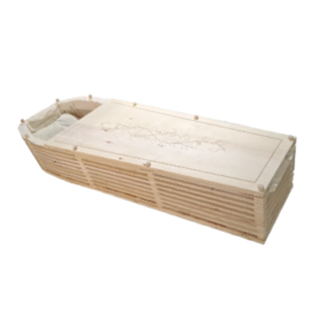 The Cypress coffin shown with its lid in place, revealing the natural fabric lining