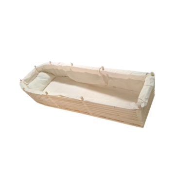 The Cypress coffin shown open, lined with natural undyed fabric