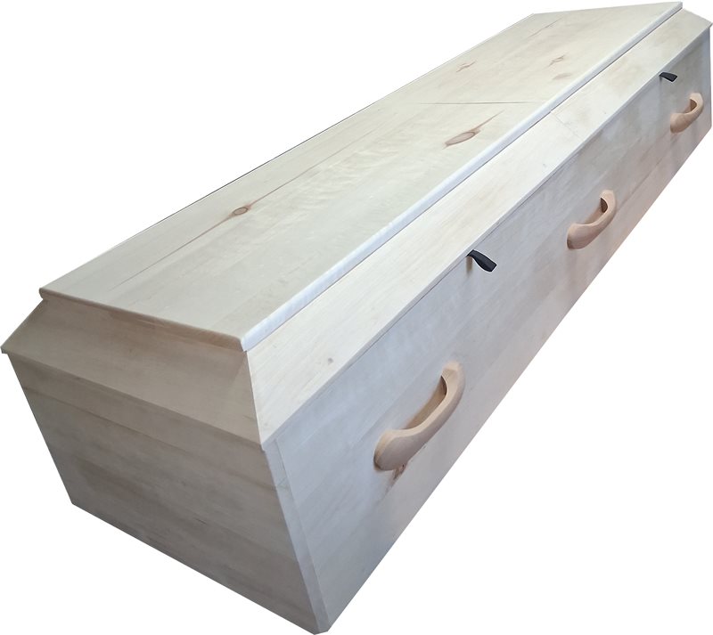 The Eco300 Green, a metal free casket in pale solid poplar with shaped wooden handles