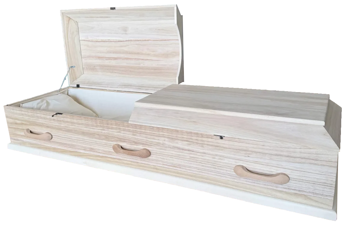 Eco300 minimalistic viewing casket in solid poplar with an open grain natural finish