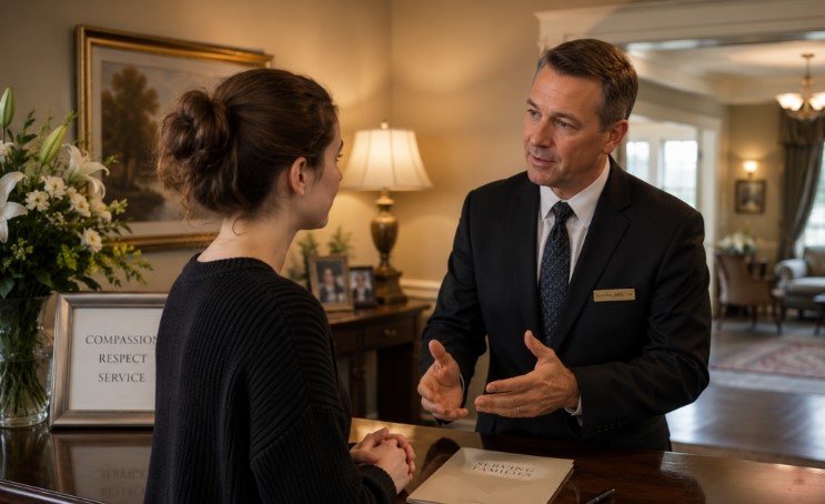 A funeral director talking with a family member across a desk in a funeral home
